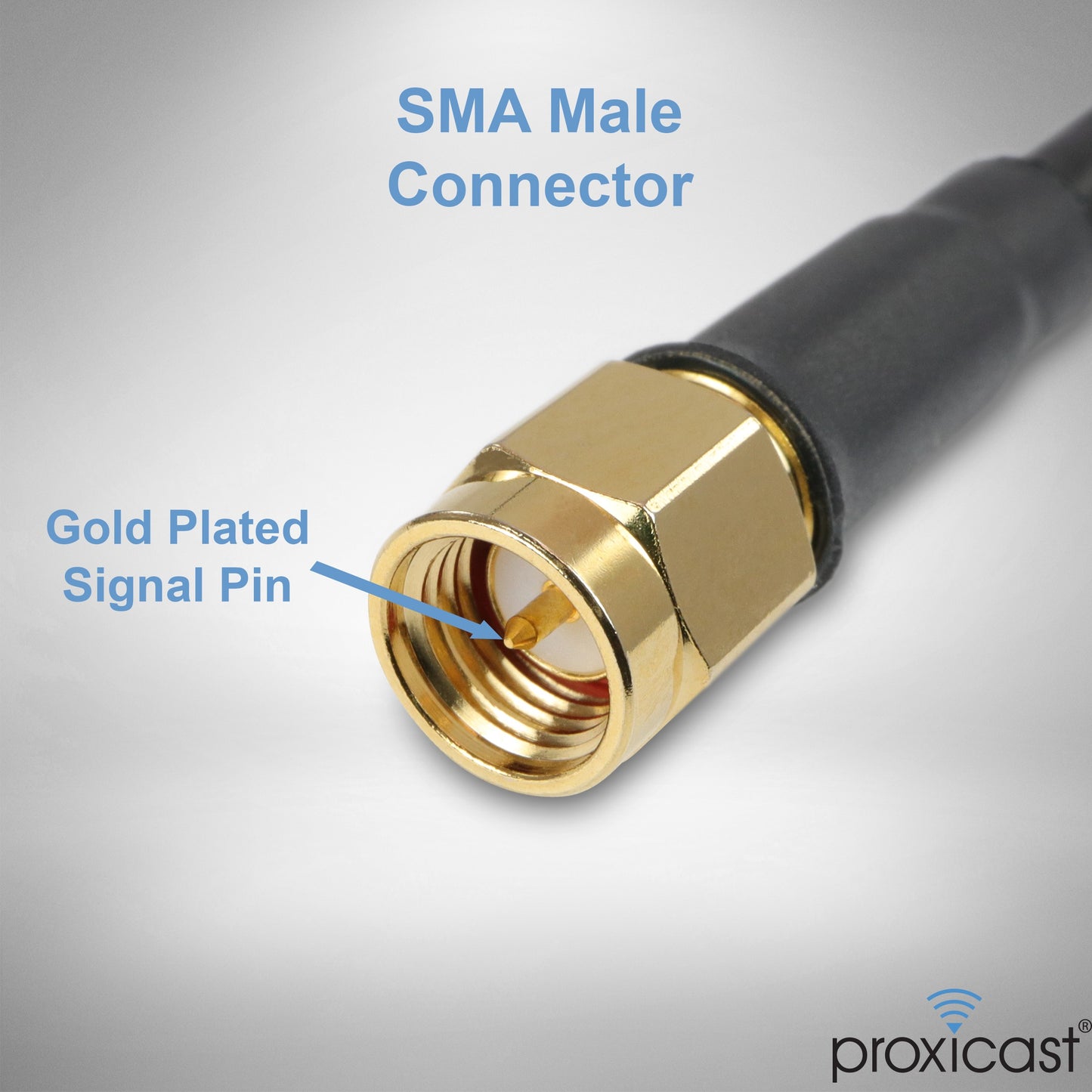 SMA Male Connector with gold-plated signal pin on a gray background, Proxicast brand visible.