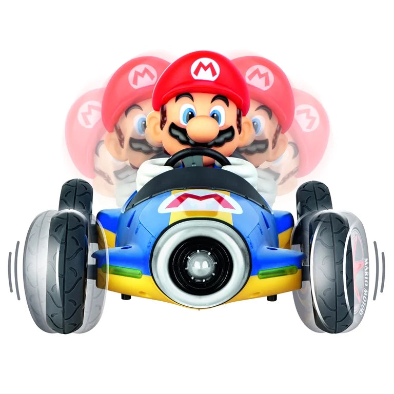 Toy car with Mario character on a white background