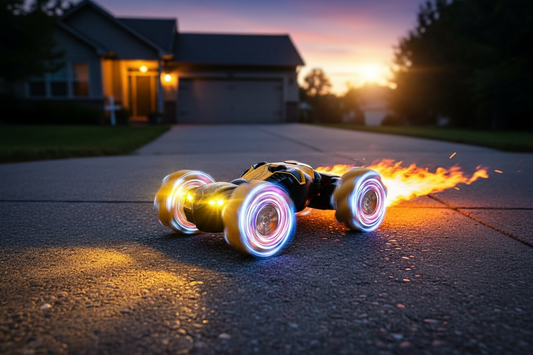 Yellow RC stunt car outdoors at dusk with glowing LED eyes and jet flame effect