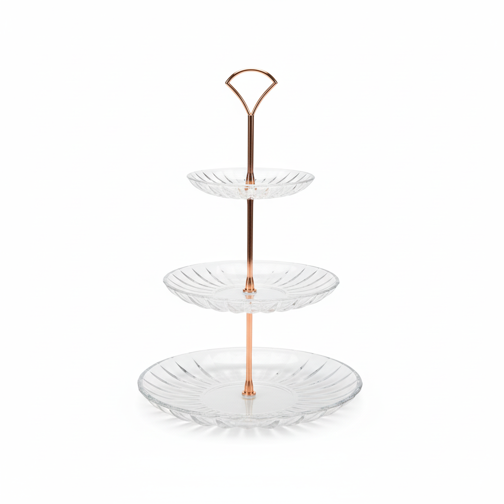 3-Tier Glass Dessert Stand with Copper Hardware – Crystal Clear Faceted Cupcake Tower Display Stand