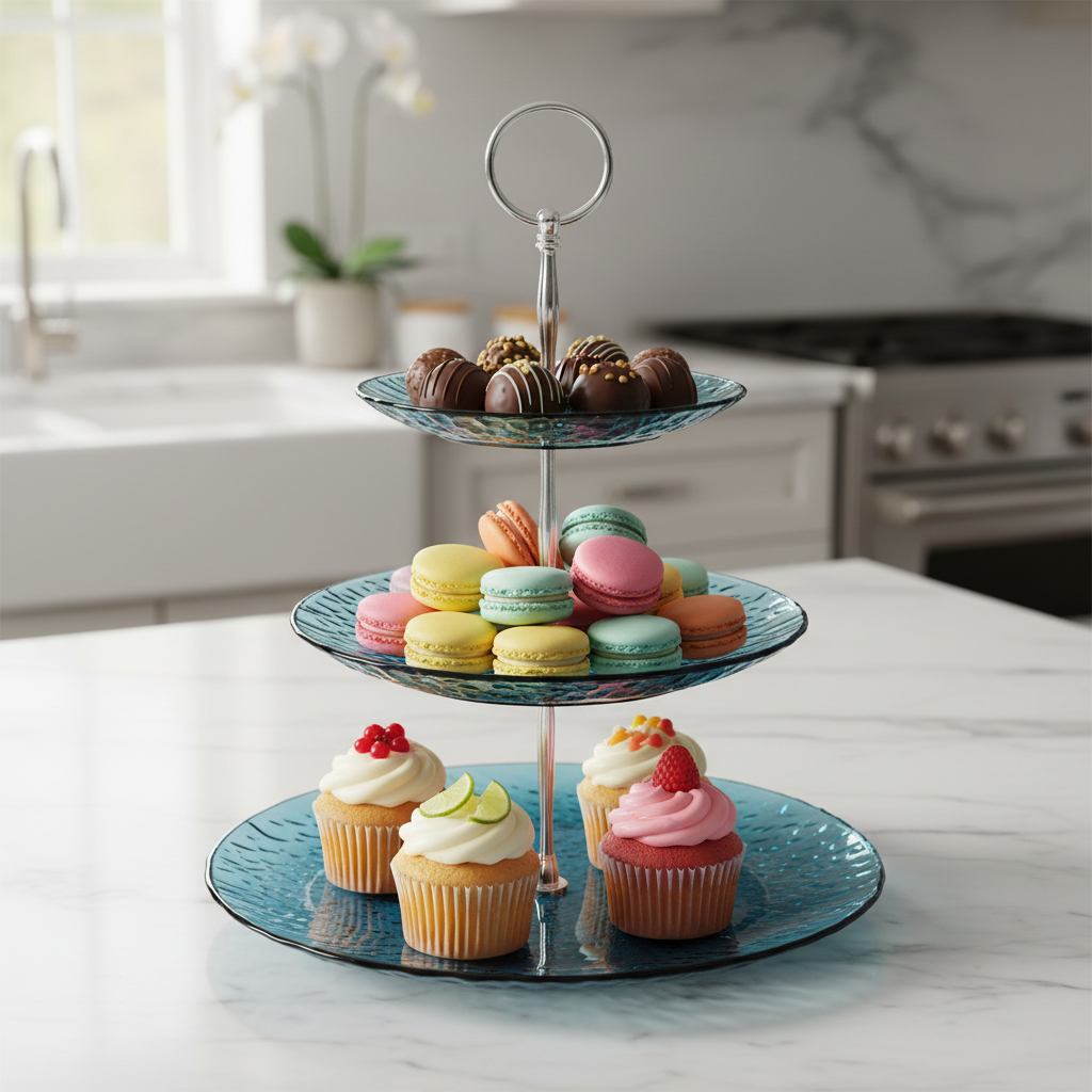 3-Tier Lake Blue Glass Dessert Stand Chrome Hardware with Macarons Cupcakes Tiered Cake Stand Party Wedding Entertaining Serving Tray