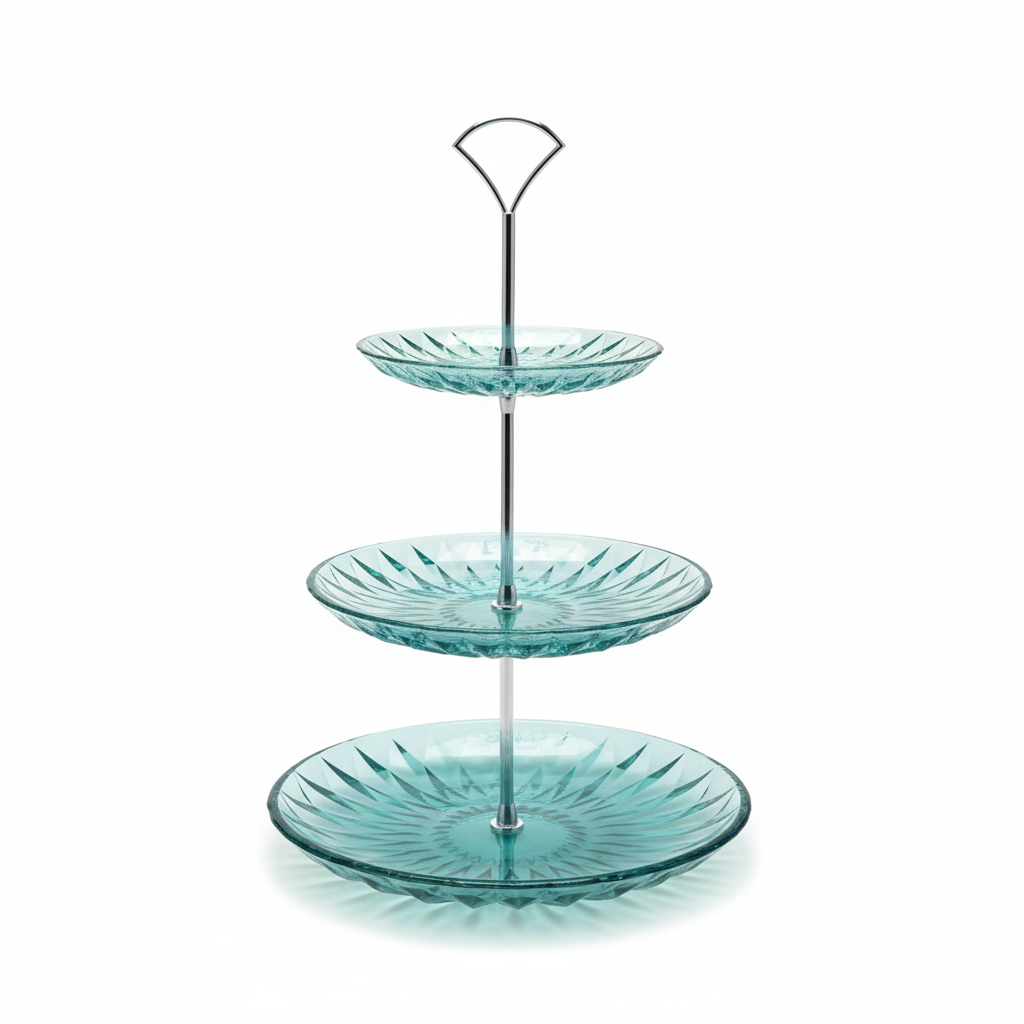 3-Tier Lake Blue Faceted Glass Dessert Stand Chrome Hardware Cupcake Tower Tiered Serving Tray Party Display