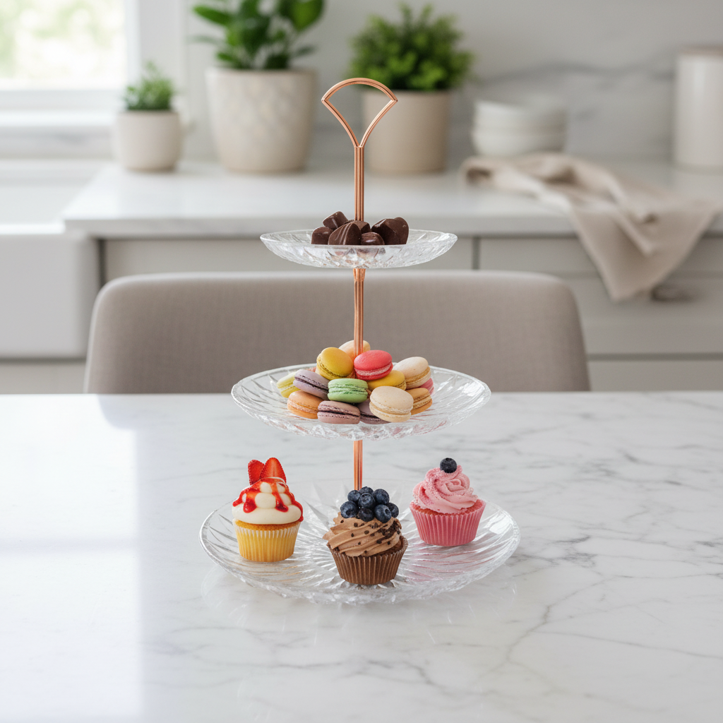 3-Tier Glass Cake Stand with Copper Rose Gold Hardware – Tiered Dessert Tray for Parties, Weddings, and Entertaining