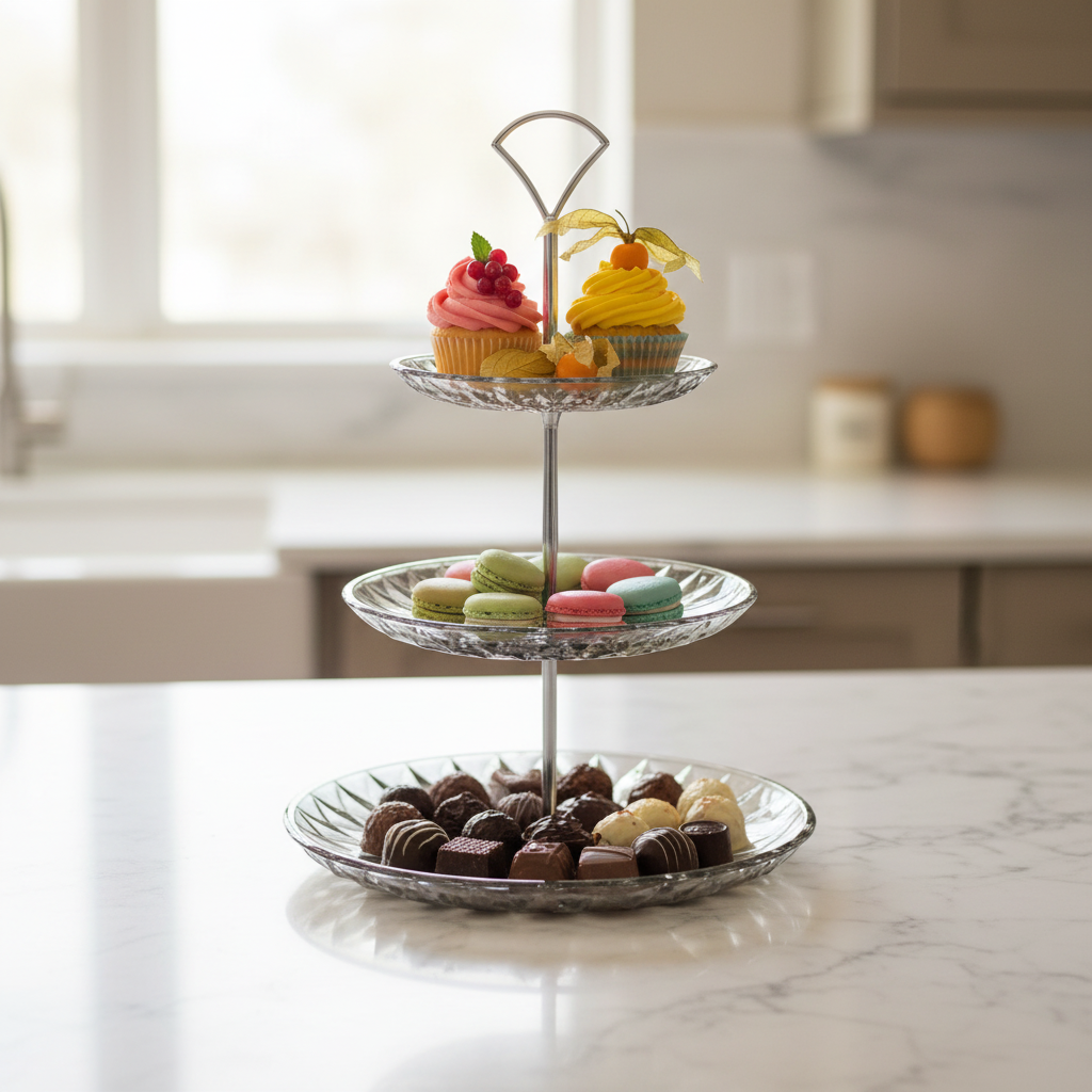 3-Tier Smoke Grey Glass Dessert Stand Chrome Hardware with Macarons Cupcakes Tiered Cake Stand Party Wedding Entertaining Serving Tray