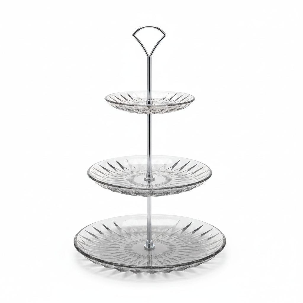3-Tier Smoke Grey Faceted Glass Dessert Stand Chrome Hardware Cupcake Tower Tiered Serving Tray Party Display