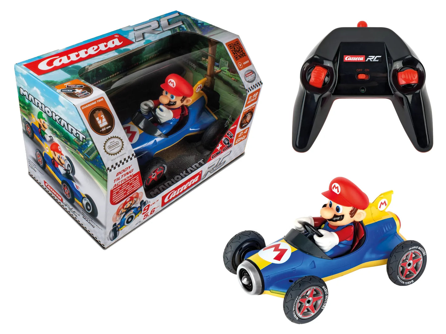 RC toy car with Mario design, packaging, and remote control on a white background