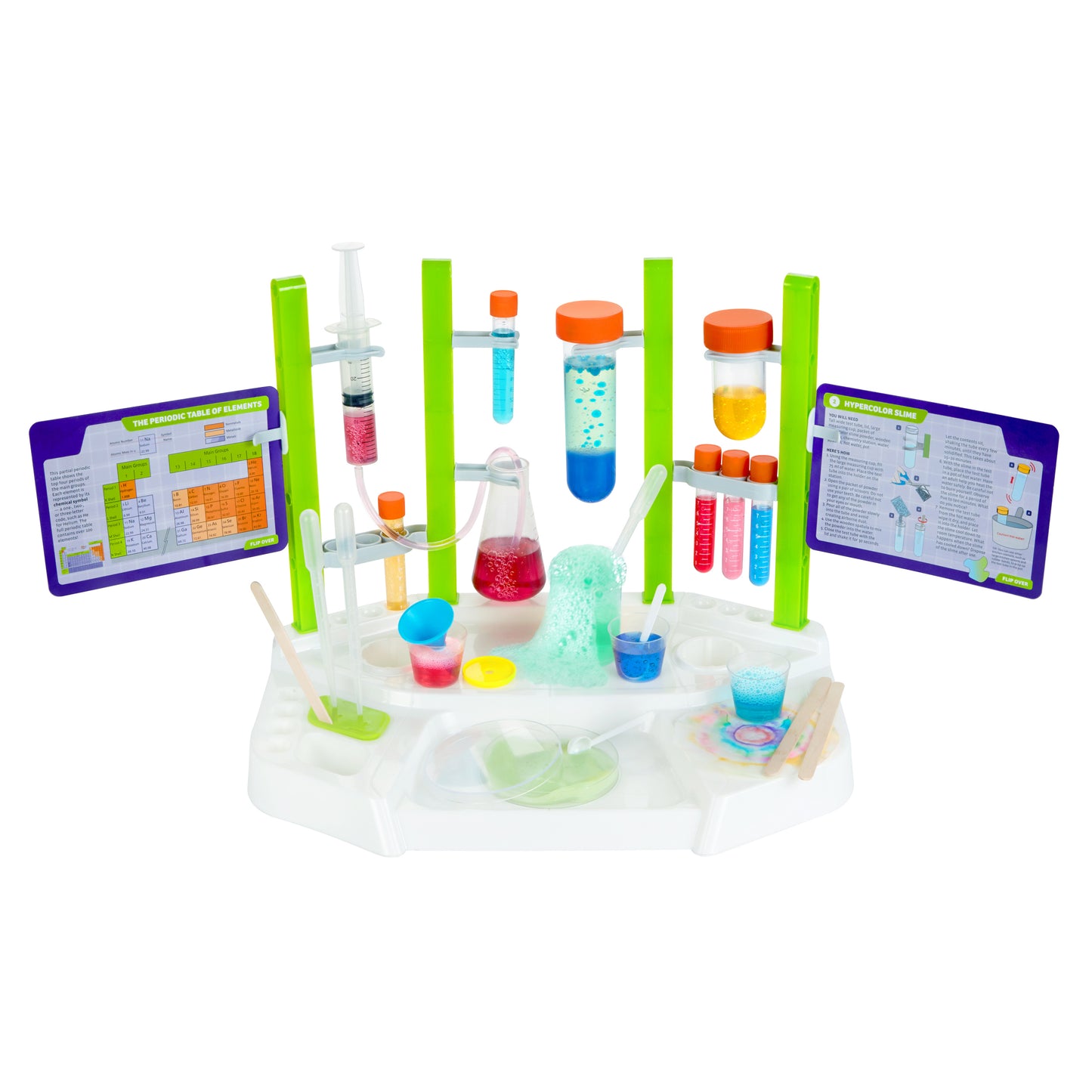 Toy laboratory set with colorful liquids and tools on a white background