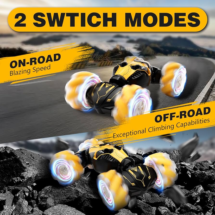 Toy car with switch modes for on-road and off-road use, featuring glowing wheels.