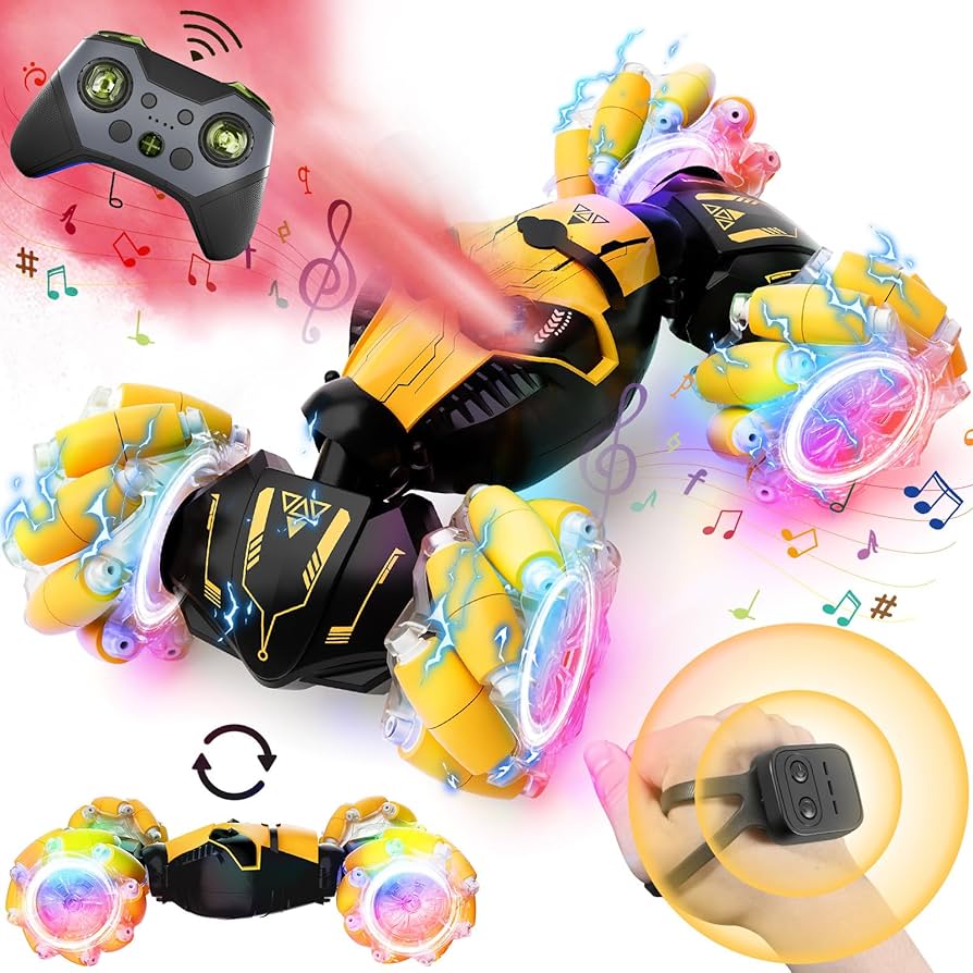 Toy robot with colorful lights and a remote control on a white background