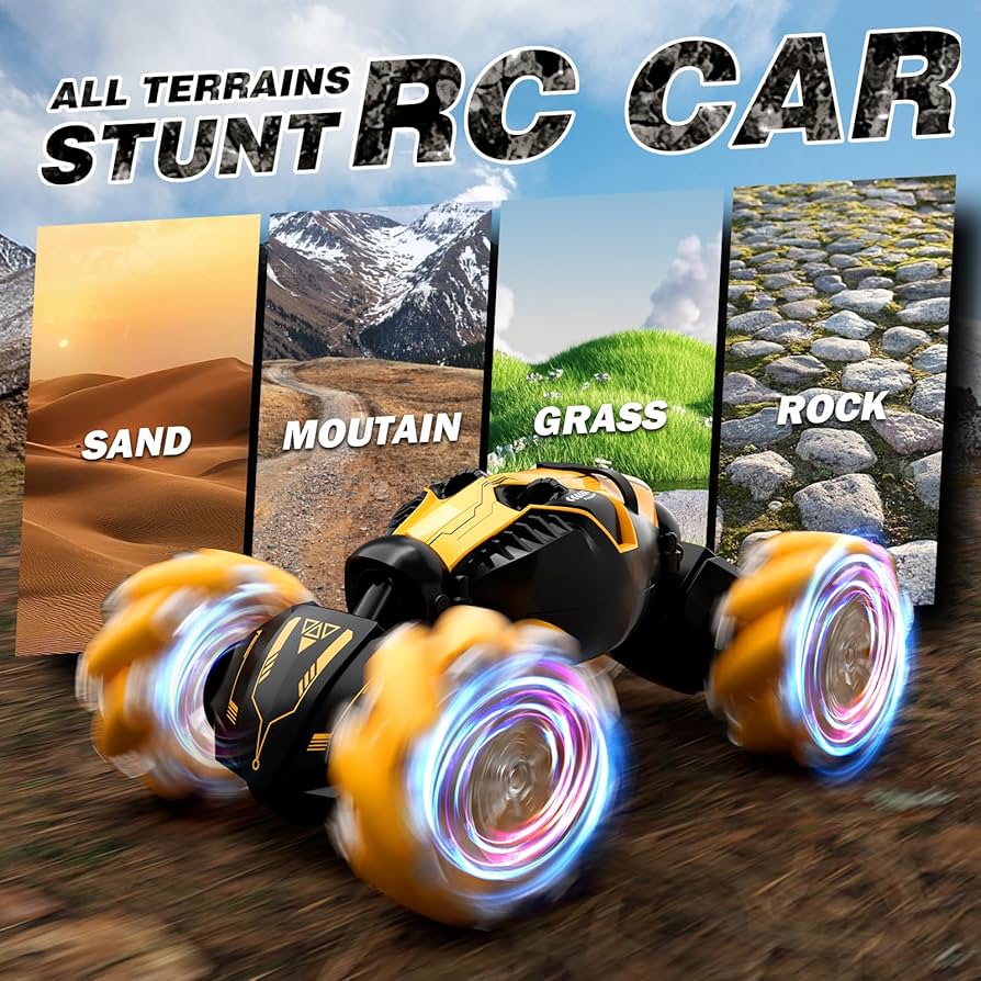 All terrains stunt RC car with colorful wheels on a background of different terrains.