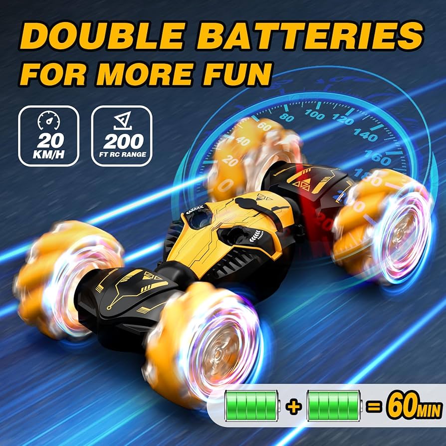 Toy car with glowing wheels on a blue background, featuring text about double batteries and speed/range specifications.