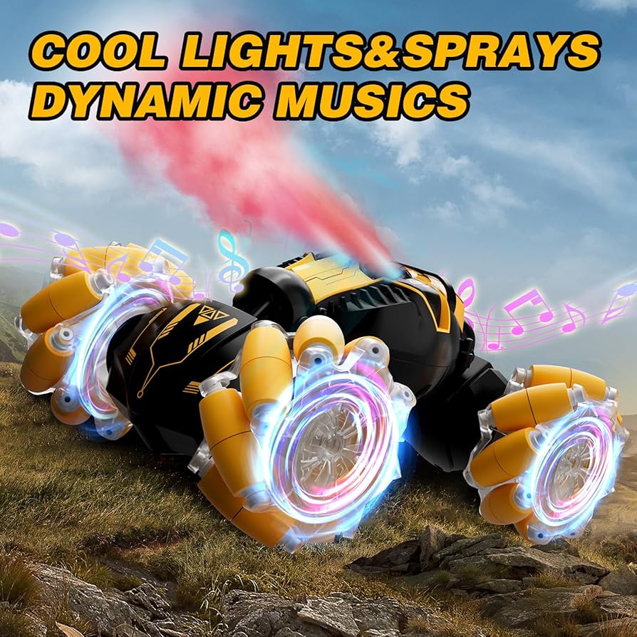 Toy vehicle with colorful lights and sprays on a natural background