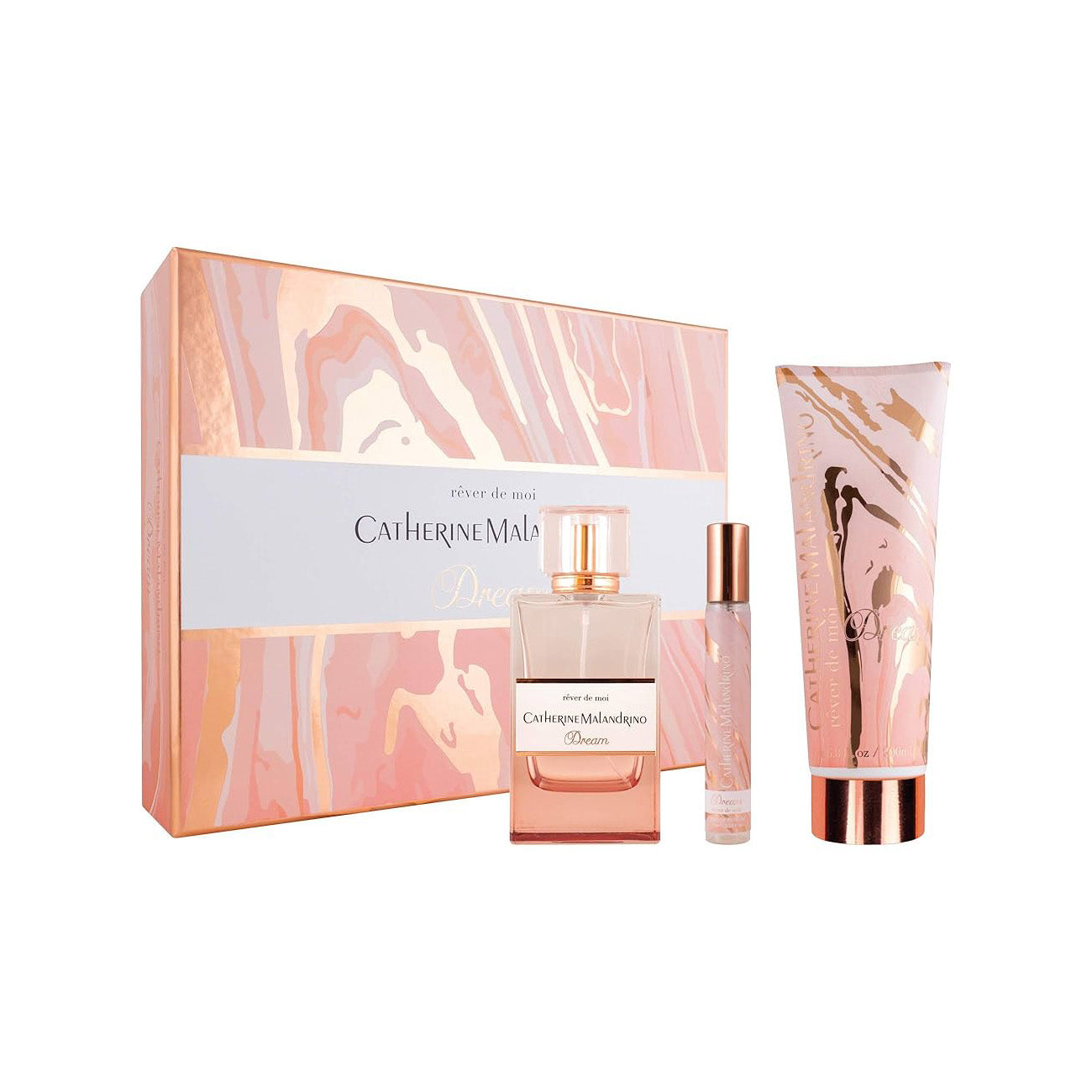 Catherine Malandrino perfume set with marble-patterned box on a white background