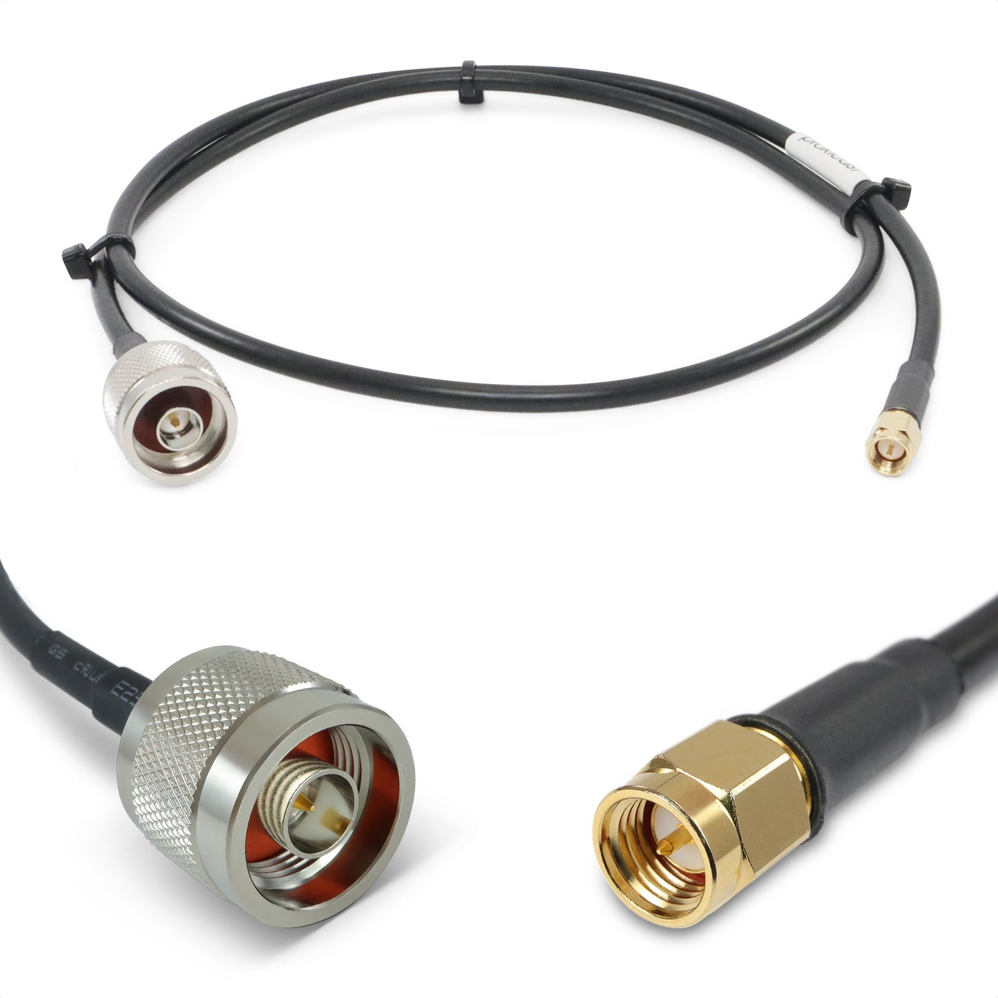 Two RF cables with connectors on a white background