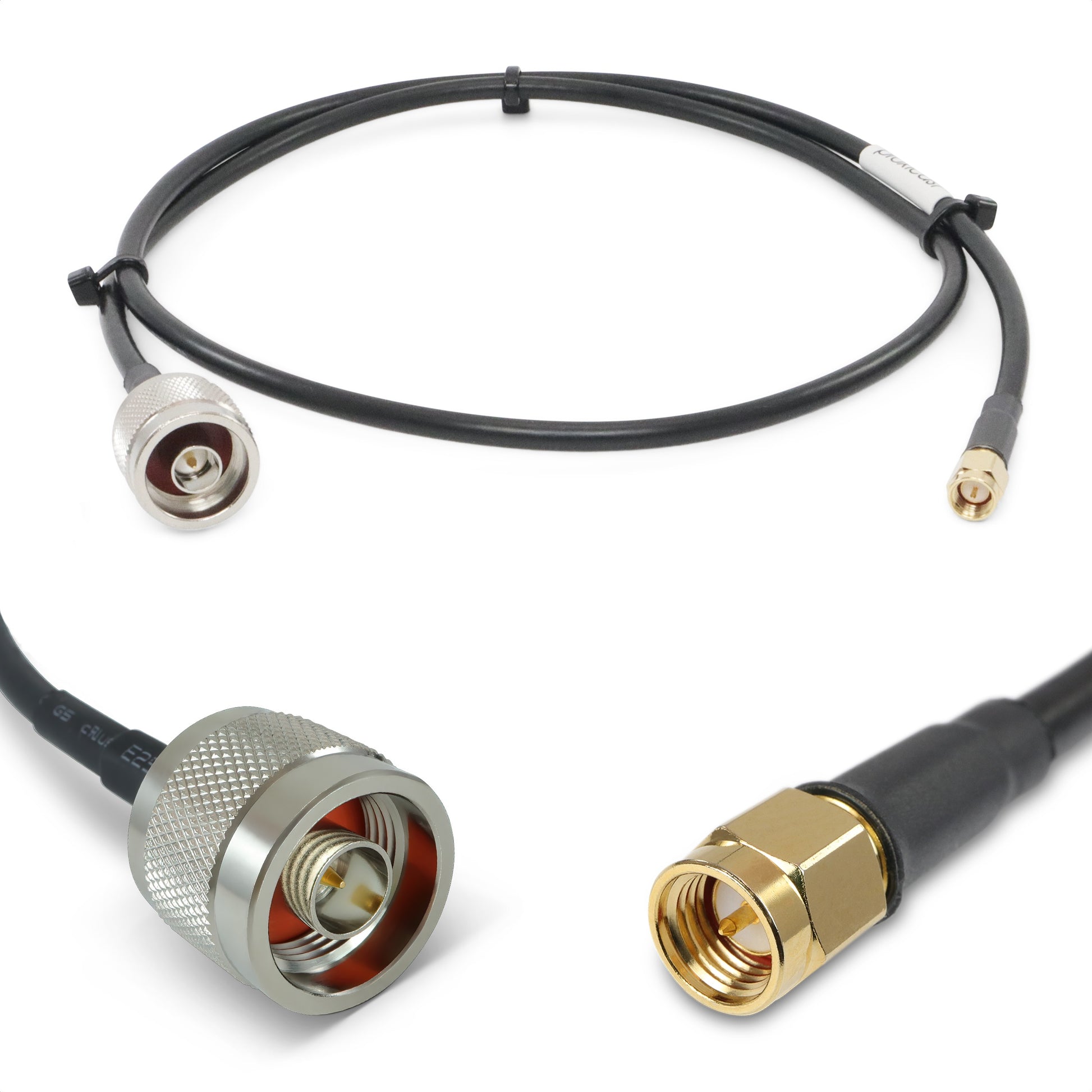 Two RF cables with connectors on a white background