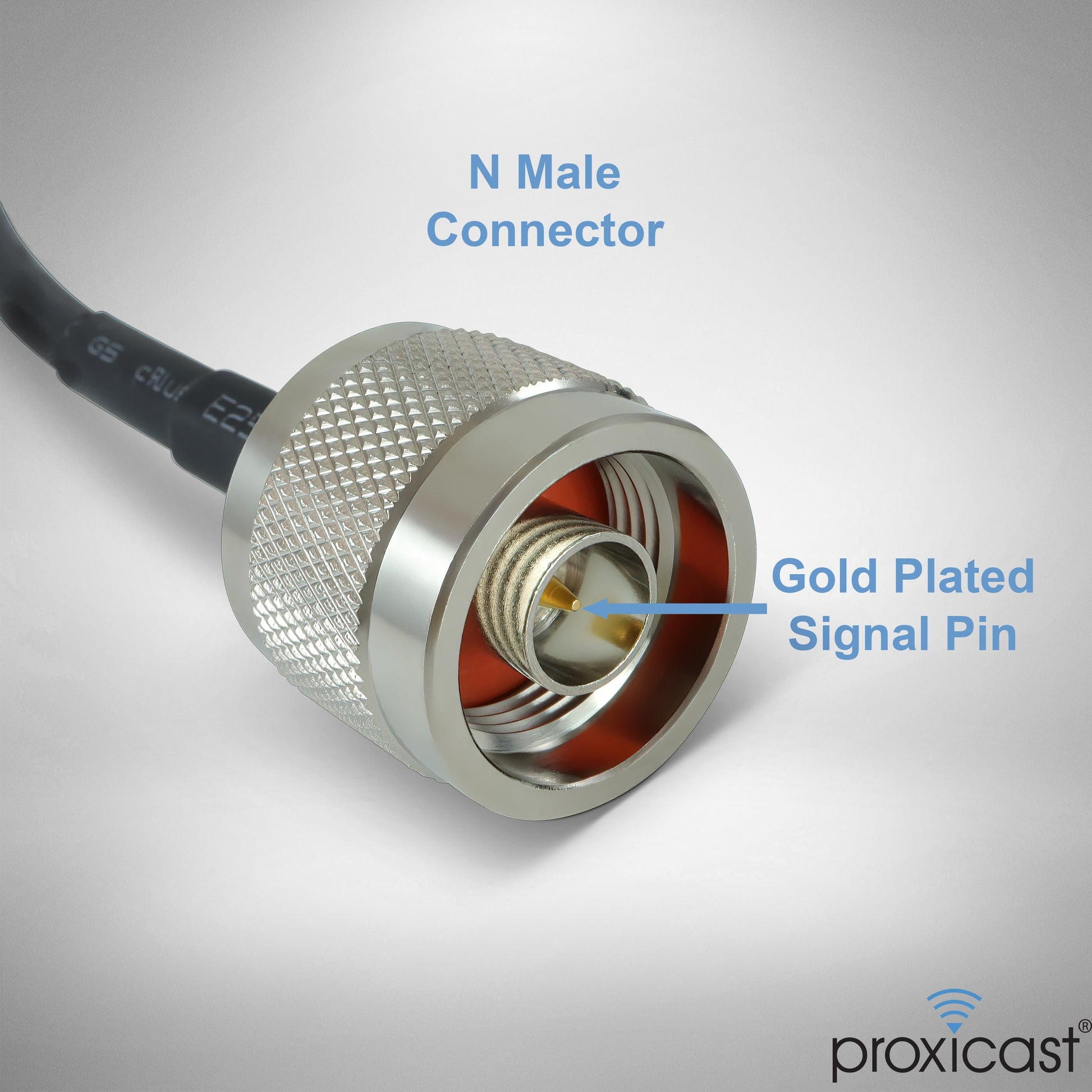 N Male Connector with gold-plated signal pin on a gray background, Proxicast brand visible.