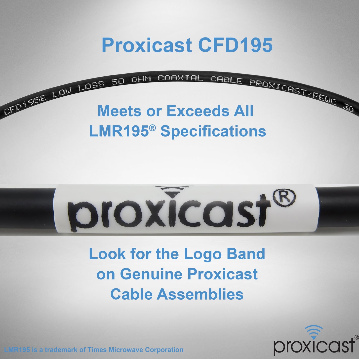 Proxicast CFD195 cable with branding and specifications on a gray background