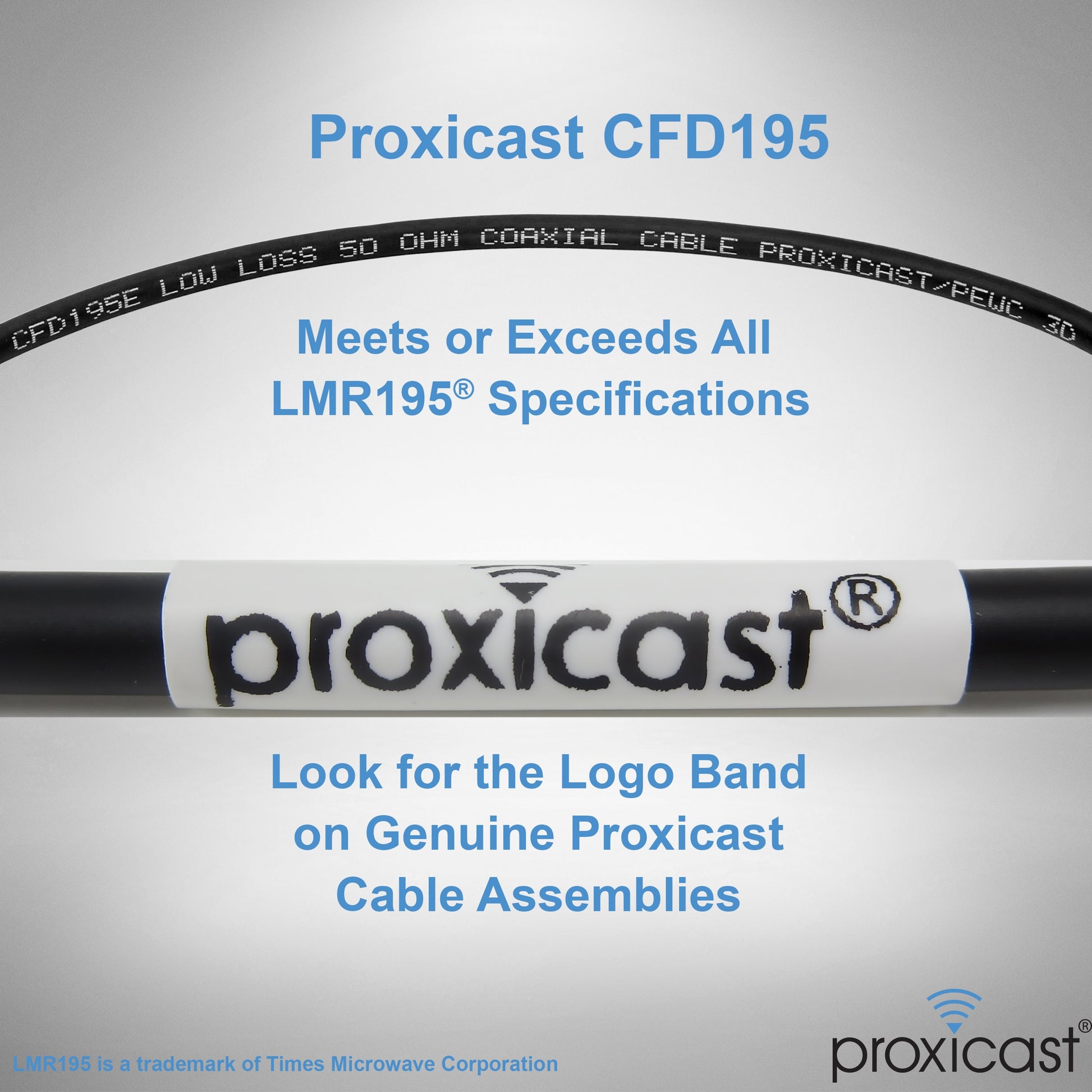 Proxicast CFD195 cable with branding and specifications on a gray background