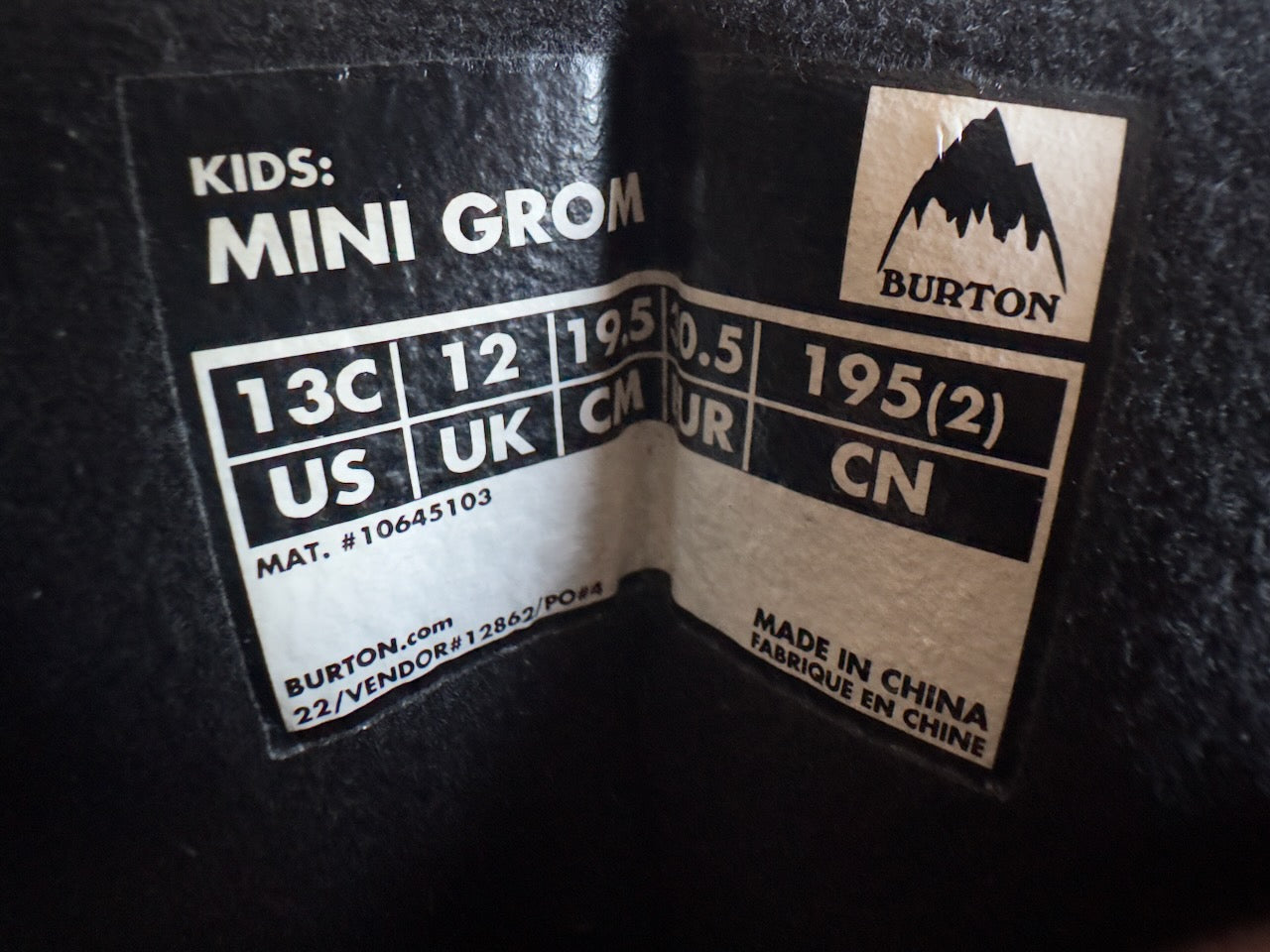 Burton Mini Grom kids snowboard boots size label US 13C UK 12 19.5 cm – used