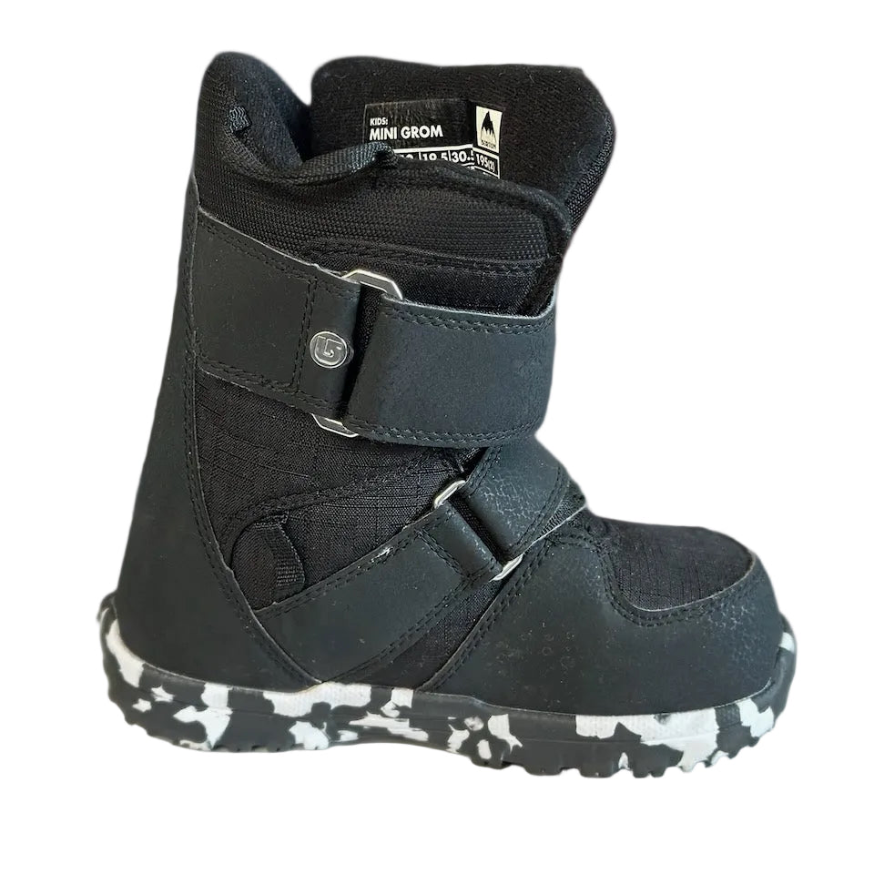 Burton Mini Grom kids snowboard boots size 13C black left inside view – used
