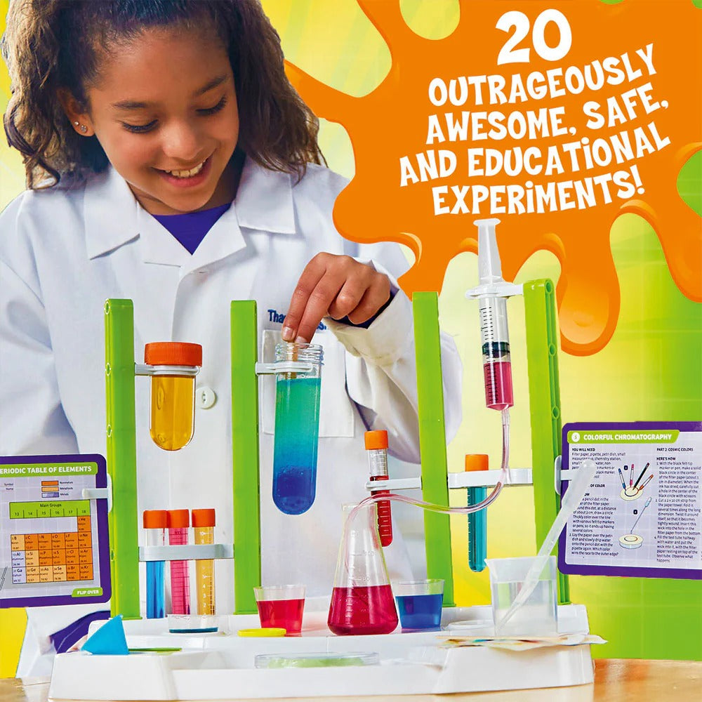 Child in a lab coat conducting science experiments with colorful liquids, text about educational experiments.