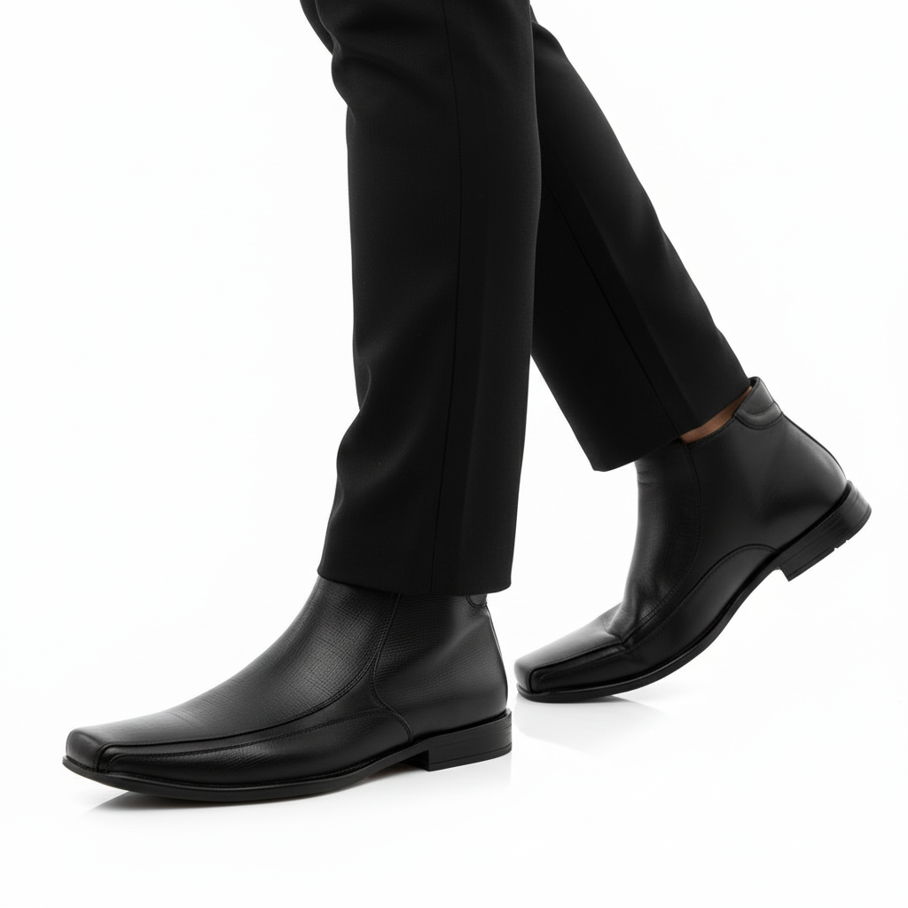 Black dress shoes worn with black pants on a white background