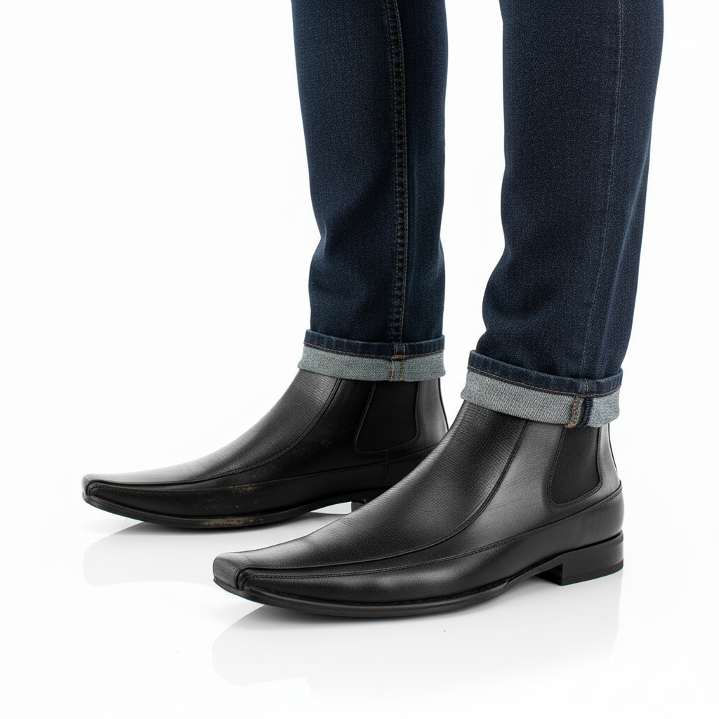 Black rain boots worn with rolled-up jeans on a white background