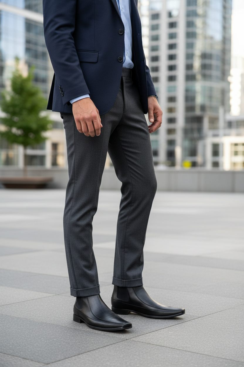 Person wearing a navy blazer, gray pants, and black shoes in an urban setting.