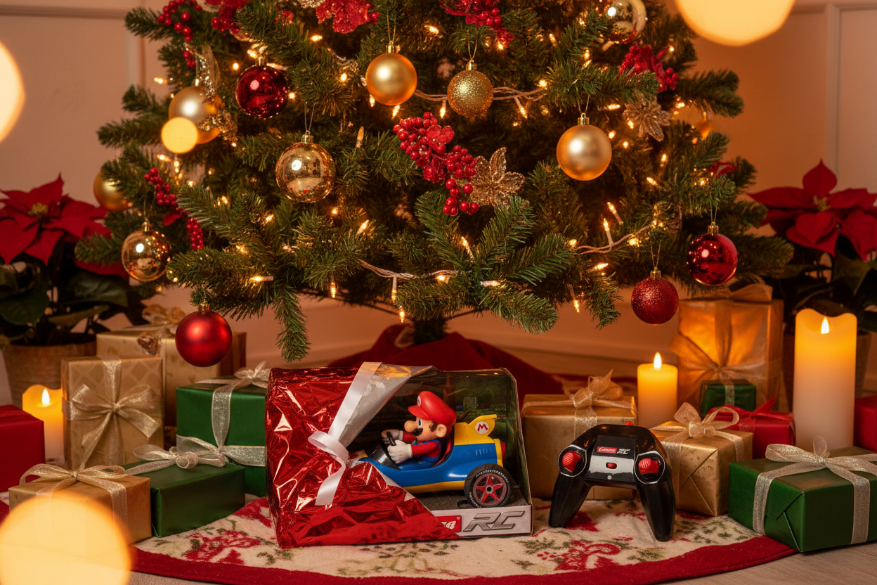Mario RC car as a gift under a Christmas tree with wrapped presents