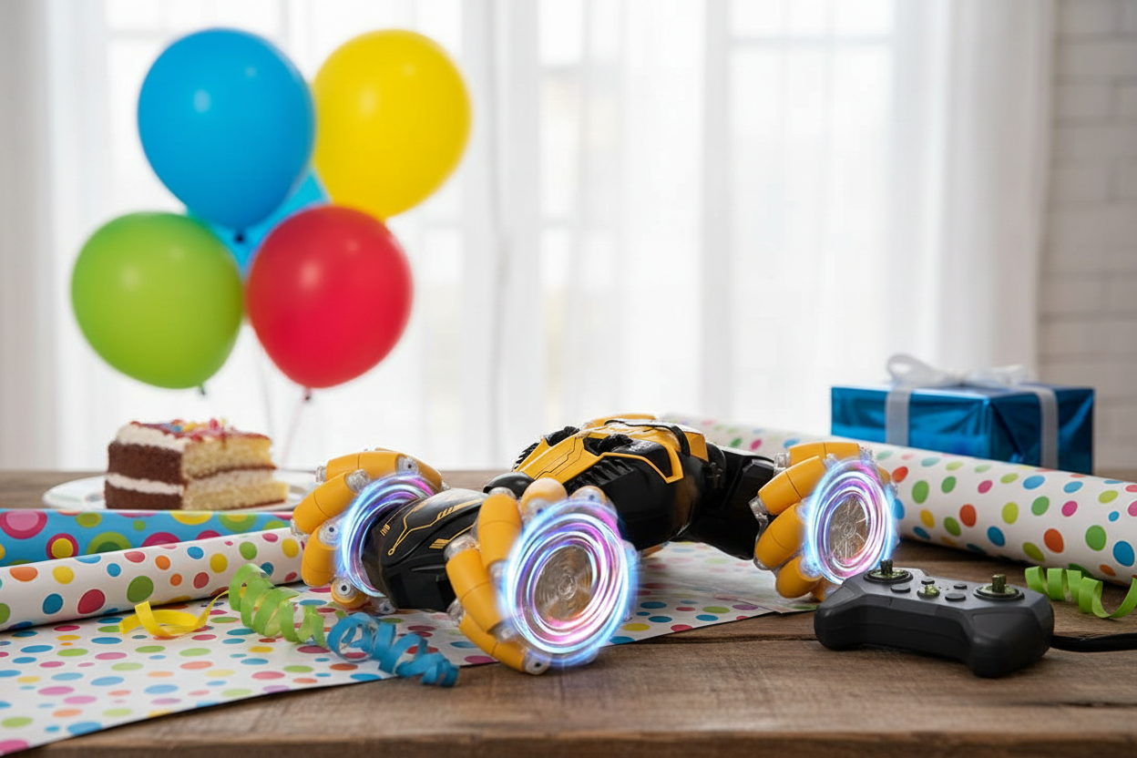 Yellow gesture control RC stunt car as a birthday gift
