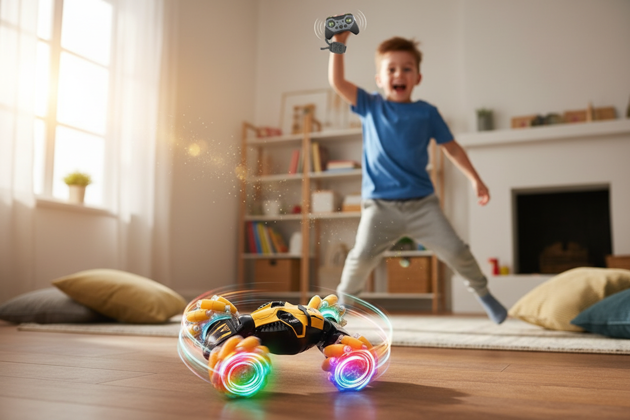 Child playing with yellow gesture control RC stunt car in living room