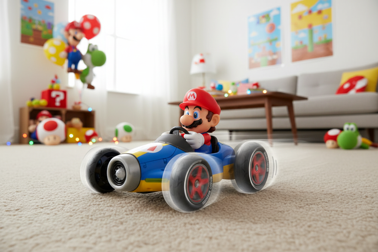 Mario RC car racing across living room carpet with motion blur