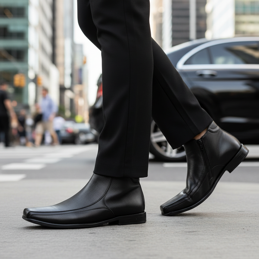 Close-up of man wearing Chelsea boots