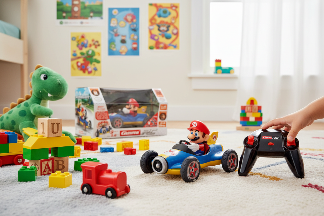 Mario RC car on a kids bedroom floor with child reaching for remote control