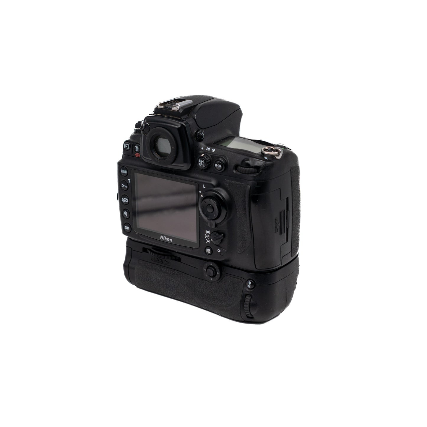 Black camera body with attached grip on a white background