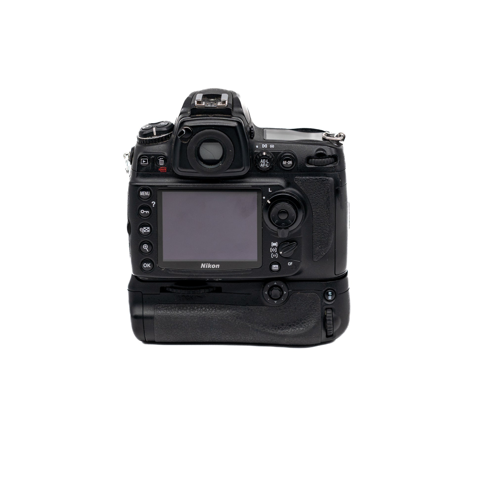 Nikon camera body with battery grip on a white background